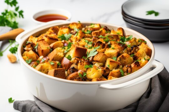 Homemade Thanksgiving turkey stuffing  made with bread and herbs