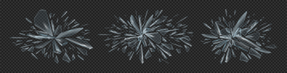 Broken glass fragments pieces splash on transparent background. Shards of broken glass abstract explosion, 3D crystals of triangle shape crash, shattered particles motion