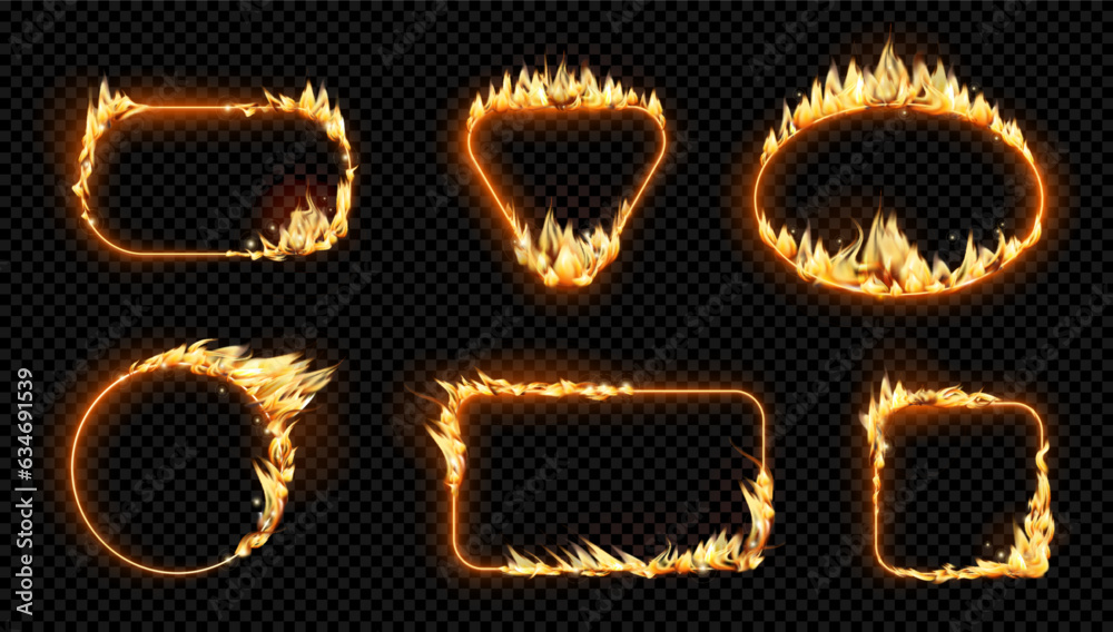 Aufkleber Burning fire frames and borders with empty copy space, realistic illustration collection. Isolated rectangles and triangle, circles and square with flames and blazing bright lights