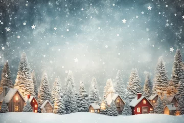 Foto op Aluminium Beautiful fir trees in winter landscape, illustration. space for text. Christmas postcard © zamuruev