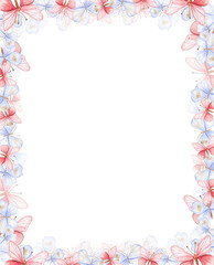 Watercolor hand drawn full of flowers square frame. Watercolor illustration for scrapbooking. Cartoon hand drawn background with flower for kids design. Perfect for wedding invitation.