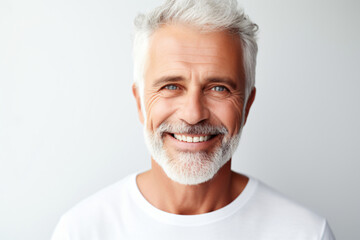 A close-up portrait of an attractive elderly man, showcasing a bright smile with pristine teeth, intended for a dental advertisement. He features a fresh, stylish haircut and beard. Gen AI