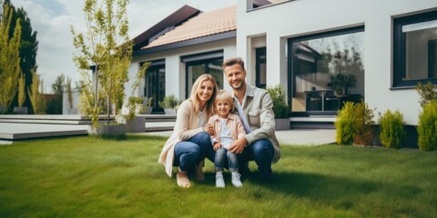 Happy family standing in front of their new house.