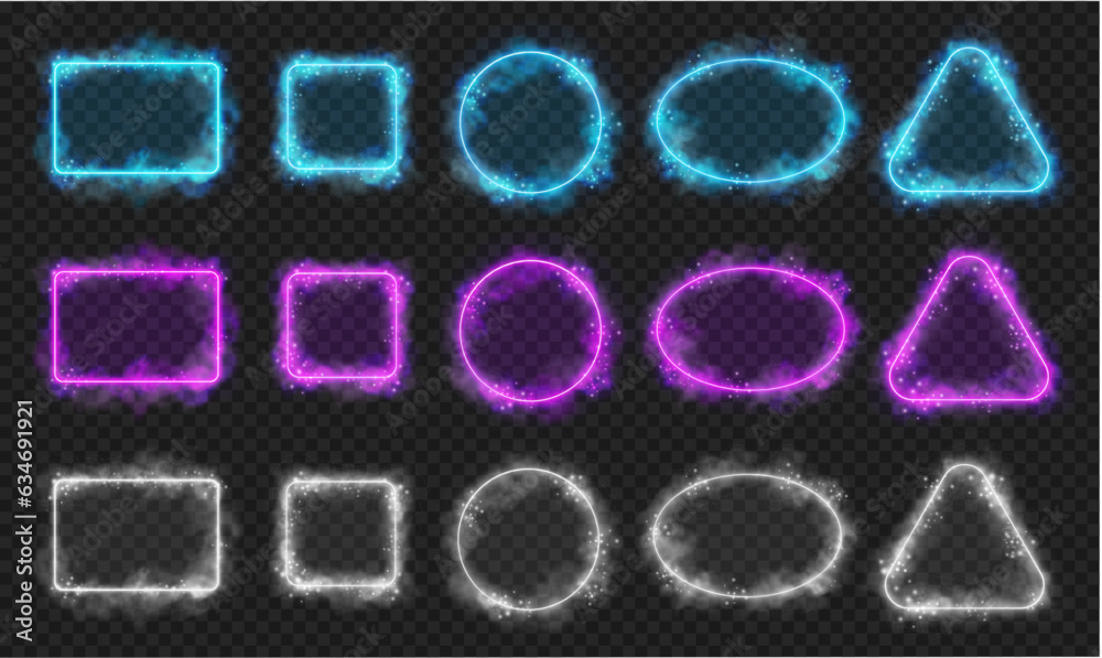 Aufkleber Frames and borders with copy space and neon smoke effect, realistic illustration collection. Isolated empty and blank container, rectangular and squared, triangles and circles with led line