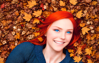 Naklejka na ściany i meble Portrait of a beautiful young redhead woman lying on autumn leaves. Generative AI.