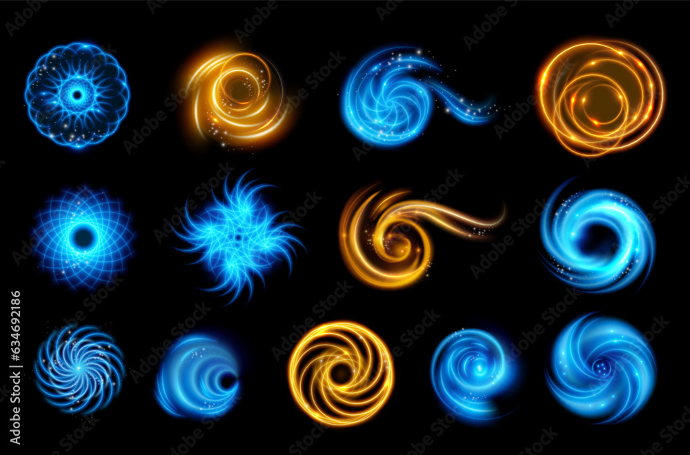 Poster Abstract spiral lights in motion, swirls and waves, realistic illustration collection. Isolated flashes and glowing in circular shapes. Rotation flares and speed, curves and shiny forms