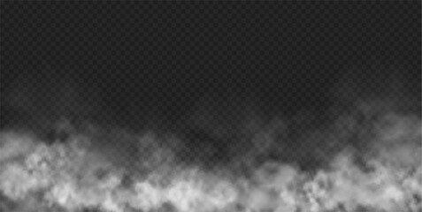 Growing smoky fog, mist or vapour from groud, realistic illustration. Cloud or stream effect, halloween scene decoration and spooky atmosphere, clubs of fluffy dramatic smoke or haze © Sensvector