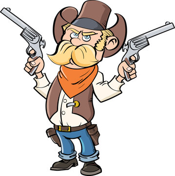 Cute cartoon cowboy with yellow moustache. He has two  six shooters