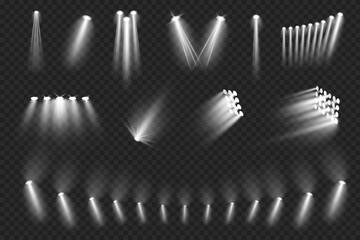 Spotlights and illumination for stadium or arena, realistic illustration collection. Bright lights and glowing for focus and attention. Projectors for stage or special even show occasion © Sensvector