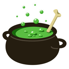 Green poison in pot vector isolated. Spooky magic soup boiling in black cauldron. Bone in the pot. Halloween party decoration. Spooky night.
