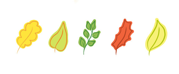 set of autumn leaves. stickers. yellow, green, orange and red colors.