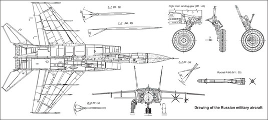 Vector drawing of a russian military aircraft mig.
General view of a war plane fighter bomber.
Top, front views. Landing gear, rocket. Cad scheme. 