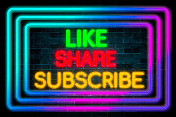 Fototapeta na wymiar Like Share Subscribe neon banner on brick wall background.