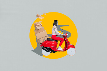 Collage artwork graphics picture of lady hurry speed delivery purchases isolated grey color background