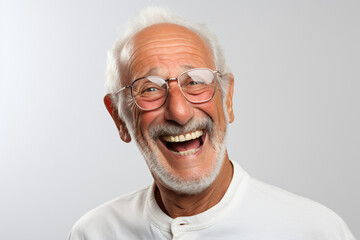 A close-up portrait of an elderly man with short, thinning gray hair and reading glasses, laughing and showing off his clean teeth. This was used for a dental advertisement, set against a white backgr