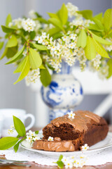 Homemade chocolate cake with chocolate glaze on white plate on laid table with bouquet of spring blossom apple tree branches