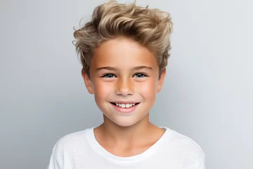 Fotobehang A close-up portrait photo of a charming young boy smiling, showcasing his clean teeth, designed for a dental advertisement. The boy features modern, stylish hair. Isolated on a white background.GenAI © Nico Vincentini