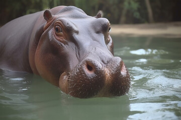 a hippopotamus swimming in a pool