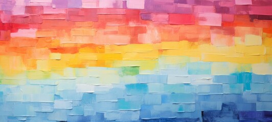 Closeup of abstract rough colorful multicolored organic rainbow colors art painting texture, with oil acrylic brushstroke, pallet knife paint on canvas wallpaper (Generative Ai)