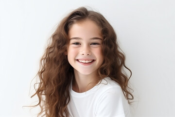 Fototapeta premium A close-up portrait of an adorable young girl smiling to reveal clean teeth. Designed for a dental advertisement. A teenager with sleek, long hair. Isolated on a white background.Generative AI.