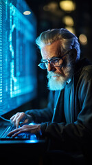 Fototapeta premium senior man working with laptop or computer in office or cafe, professional adult worker engineer or it specialist, generative ai