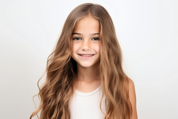 Naklejka premium A close-up portrait of an adorable young girl smiling to reveal clean teeth. Designed for a dental advertisement. A teenager with sleek, long hair. Isolated on a white background.Generative AI.