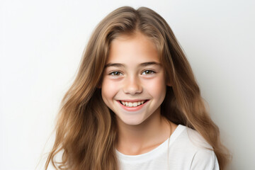 Fototapeta premium A close-up portrait of an adorable young girl smiling to reveal clean teeth. Designed for a dental advertisement. A teenager with sleek, long hair. Isolated on a white background.Generative AI.