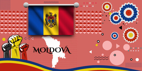 Moldova banner for national day with abstract modern design. Moldova flag and map with typography. raised fists and embroidery background.  independence day. Vector Illustration.