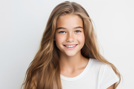 A close-up portrait of an adorable young girl smiling to reveal clean teeth. Designed for a dental advertisement. A teenager with sleek, long hair. Isolated on a white background.
Generative AI.