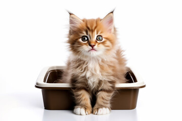Cute cat in plastic litter box isolated on white, made by ai