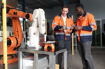 Industrial engineer examining mechanic robot structure at smart automation factory. Diverse ethnic technician working on robotic arm mechanical engineering maintenance in futuristic manufacturing