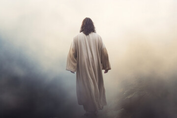 jesus christ with long hair and long white robe. follow me and i will make you fishers of men. 