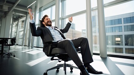 businessman manager enjoy race office chair game playful humor funny relax game in office,greeting mature business person smile laugh on his office chair in modern office,ai generate