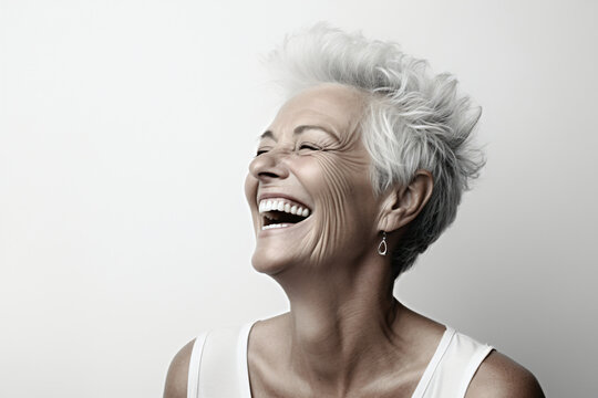 A close-up portrait of a beautiful senior woman with short gray hair, laughing and displaying her pristine teeth. This image was utilized for a dental advertisement. Generative AI