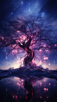 Crisp photography of A tree in front of a starry sky with purple data streams rising out of tree branches.