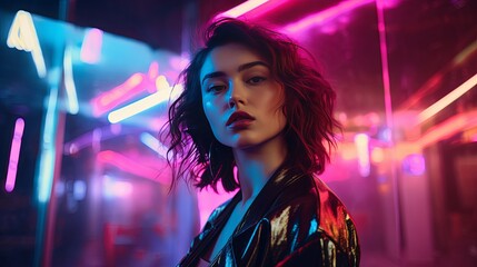 smart attractive stylish female woman confident feeling Portrait of young woman under neon light ,ai generate