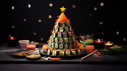 Fotobehang Maki, Sushi and Rolls made as Christmas Tree on dark table © petrrgoskov