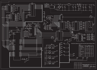 Electrical schematic diagram. Vector large drawing on a black background of a complex electrical circuit of an electronic device. Graduation project. Scheme 1.