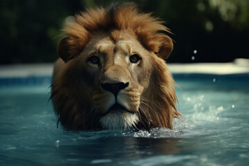 a lion swimming in the pool