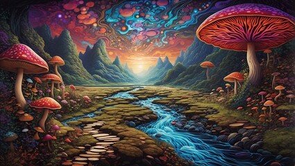 mushroom in the forest, Fantasy River and the mushrooms are well grown on both sides of the river, psychedelic art with deep meaning, LSD, DMT