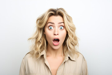 Naklejka premium A stunning blonde woman displaying an expression of shock and surprise, with her mouth agape and eyes wide open. Isolated on a white background.Generative AI.