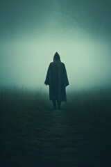 silhouette of a hooded figure walking down a rural misty road.