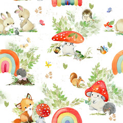 Mushrooms Woodland Animals watercolor forest illustration baby seamless pattern - 634696149