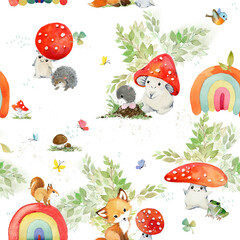 Mushrooms Woodland Animals watercolor forest illustration baby seamless pattern - 634696172