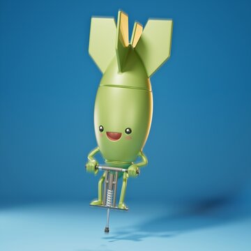 Kawaii-style 3D illustration showing a bomb jumping around on a pogo stick