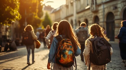 Fototapeta na wymiar Little schoolgirls with backpacks walk along old city street