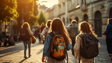 Little schoolgirls with backpacks walk along old city street