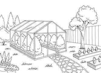 Greenhouse in the garden graphic black white landscape sketch illustration vector