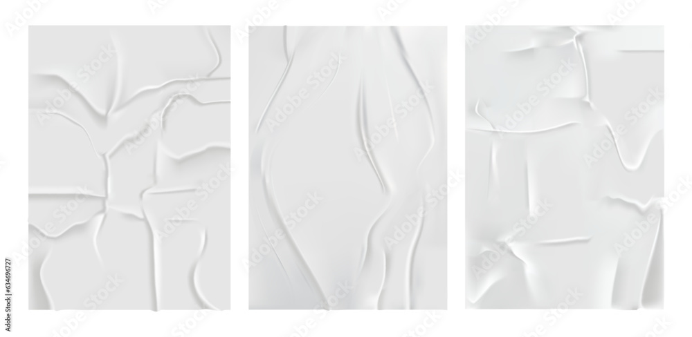 Poster wrinkled and crumpled glue paper texture, realistic illustration collection. isolated blank empty pa