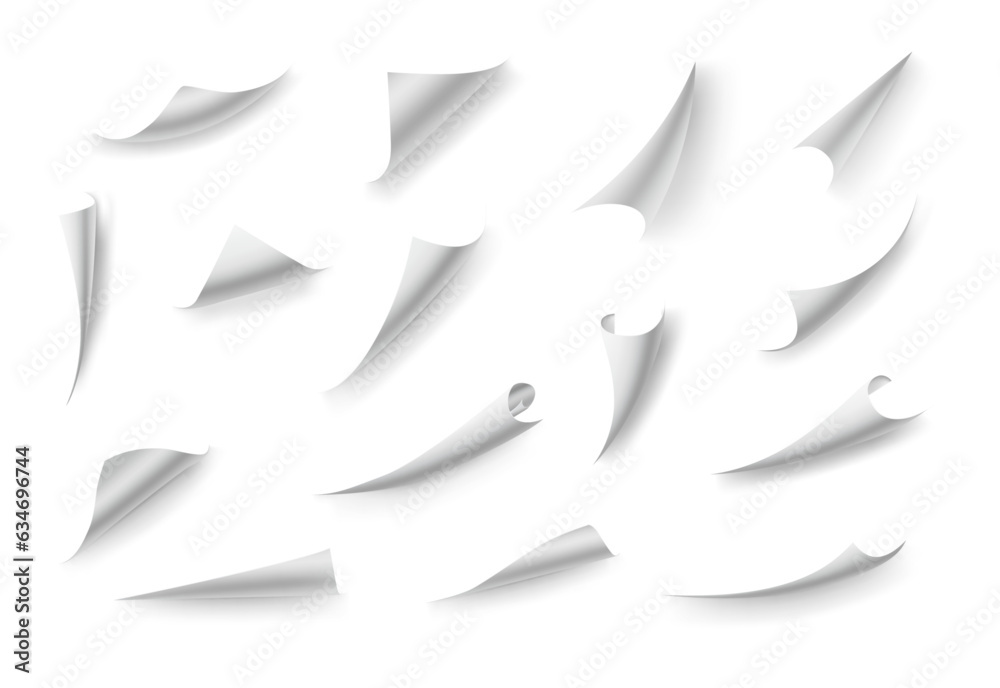 Poster flipping book effect, page curl or bent edges of notebook, realistic illustration collection. isolat